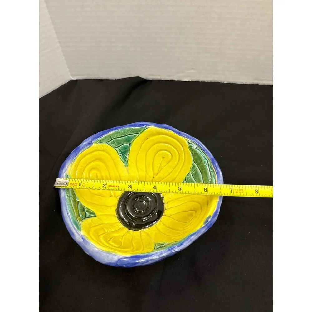 Handmade Ceramic Bowl - Colorful Trinket Dish, Blue Yellow Green Painted Pottery